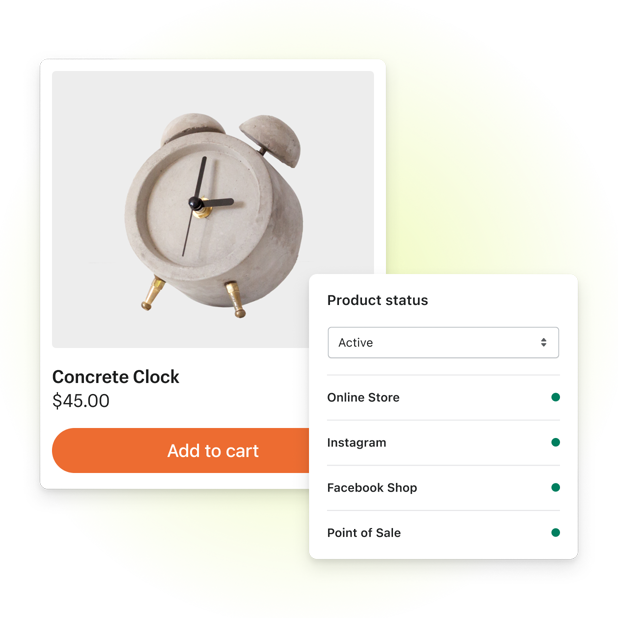 Arka planda, altında “Sepete Ekle” düğmesi olan bir Concrete Clock gösteren online ödeme ekranı; ön planda, Shopify yöneticisine ait Concrete Clock'un Online Mağaza, Instagram, Facebook Shop ve Point of Sale satış kanallarında satışa sunulduğunu gösteren bir ekran var.